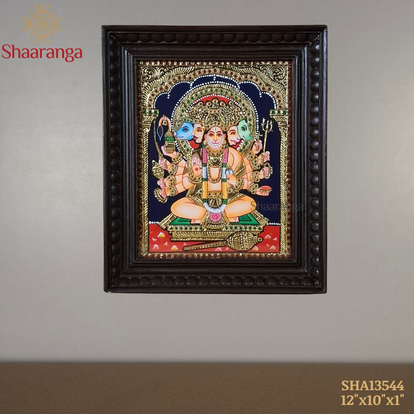 12x10 Inches Panchamukhi Hanuman Tanjore Painting with 22k Gold Work