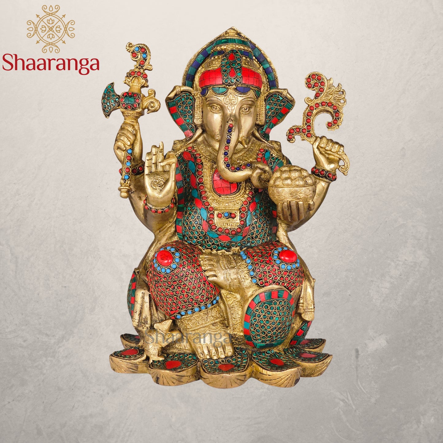 17 Inches Brass Ganesha Idol Sitting On Lotus with Stone work.
