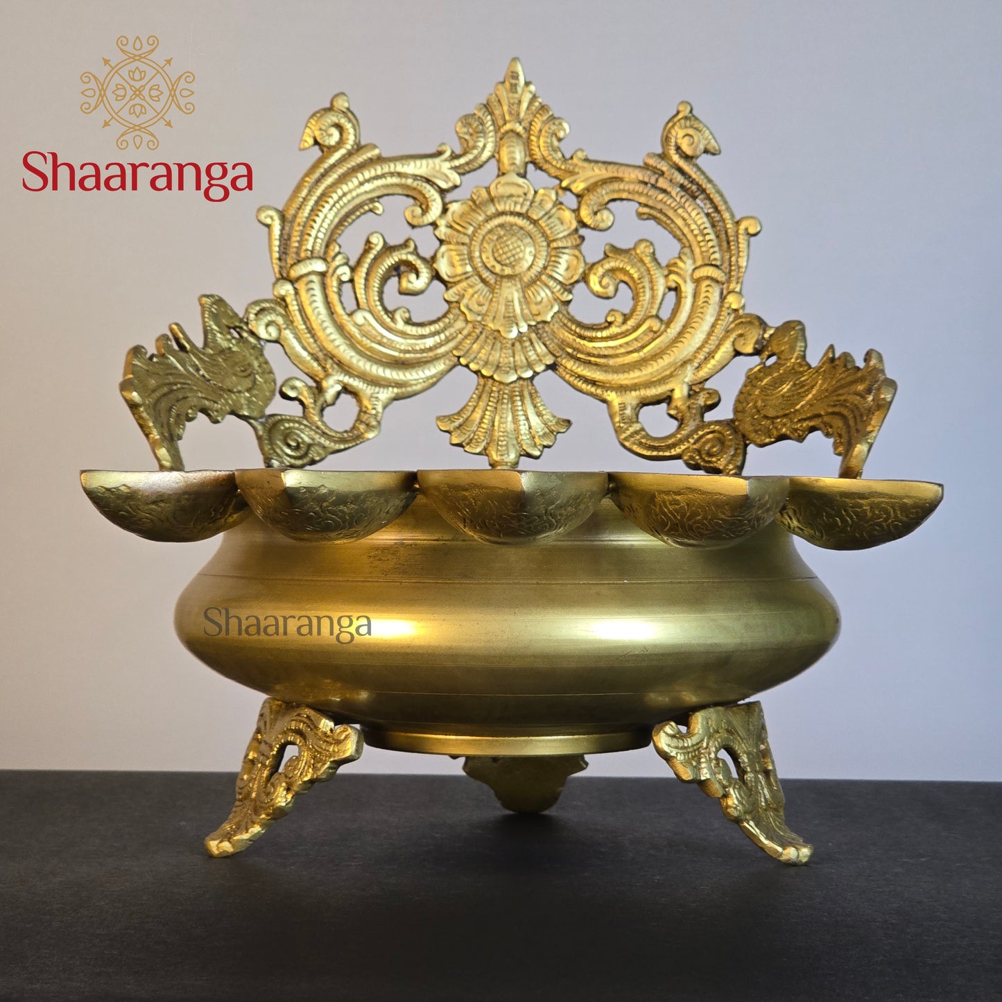 12 Inches Brass Urli with 5 Diya