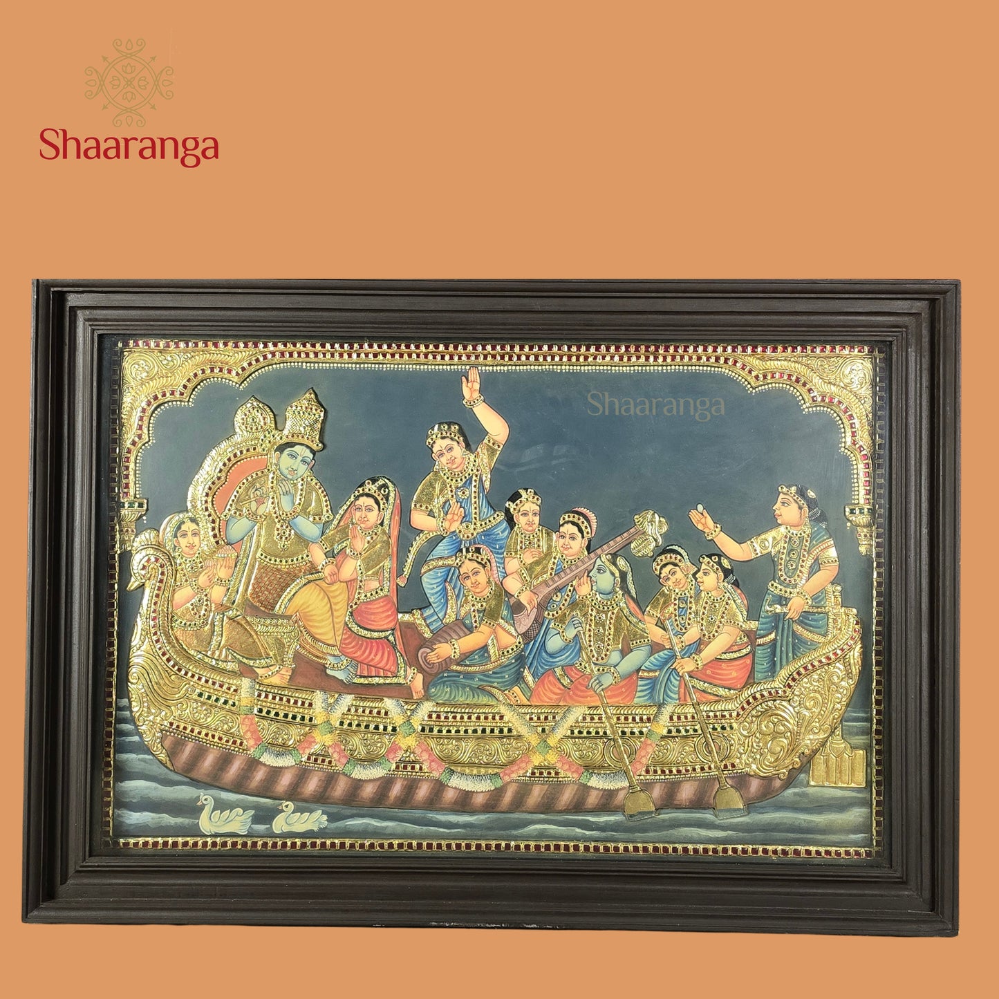 28 x 40 Inches Krishna Leela Tanjore Painting with Gopikas | 22K Gold Embossed Art