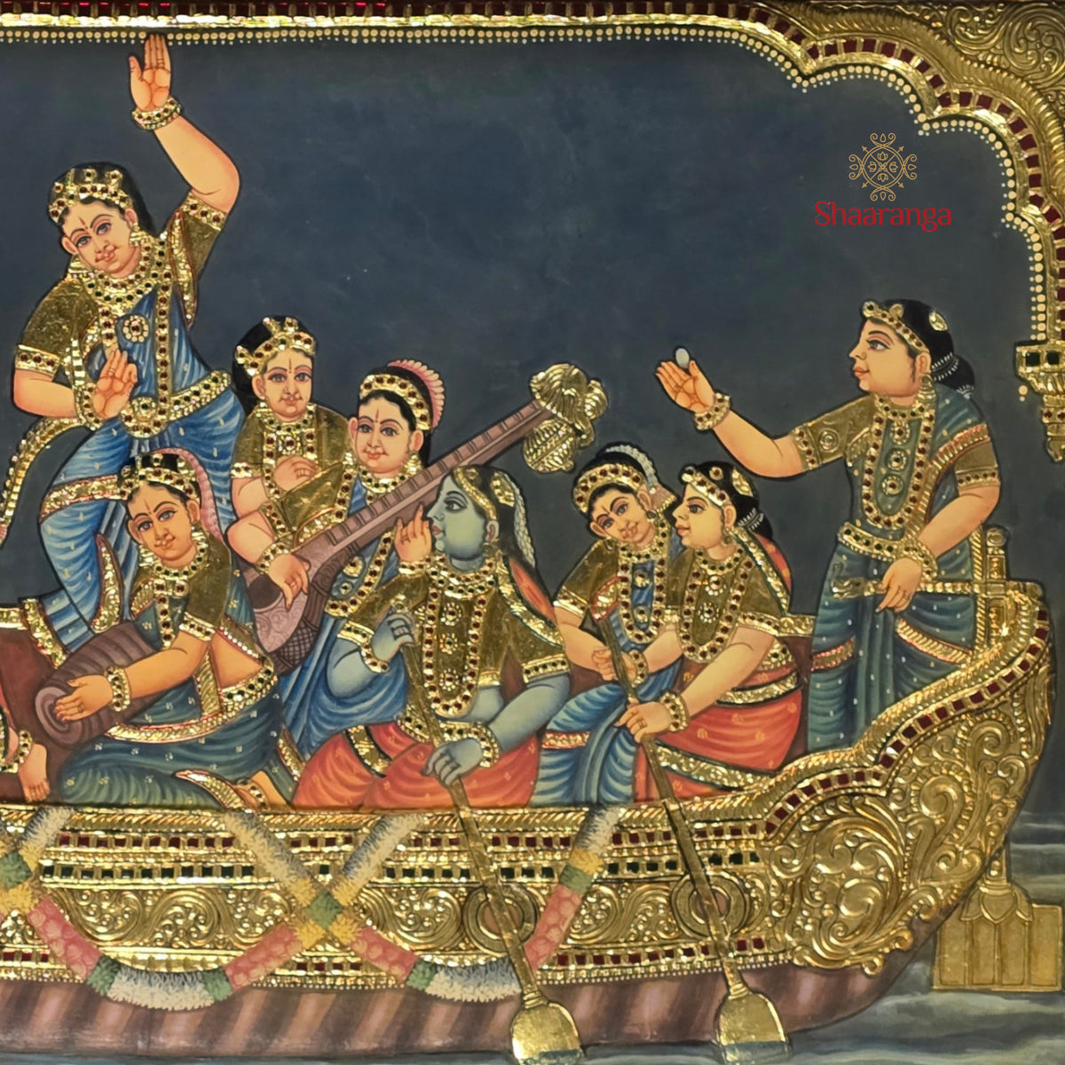 28 x 40 Inches Krishna Leela Tanjore Painting with Gopikas | 22K Gold Embossed Art