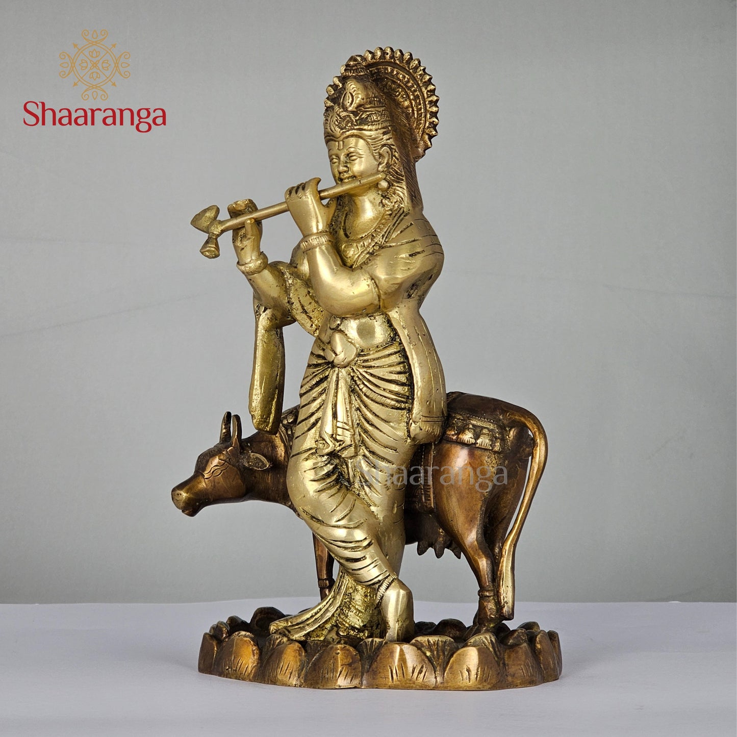 11 Inches Brass Krishna Idol with Cow in Two-Tone Finish
