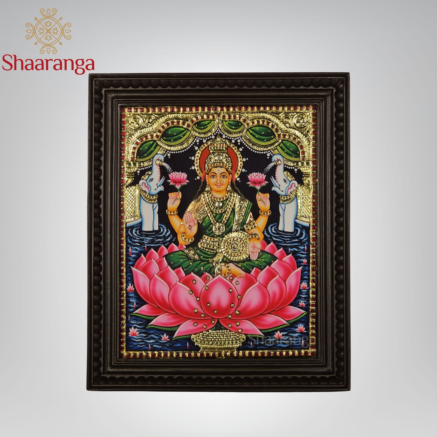 18x15 Inches Lakshmi Devi on Lotus Tanjore Painting with 22K Gold Work