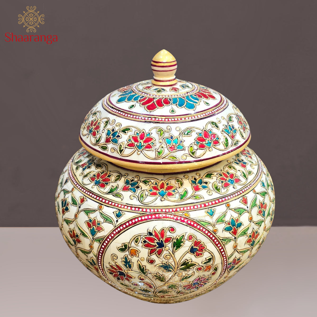 12 Inches Bone Decorative Pot with Embossed Meena painting work