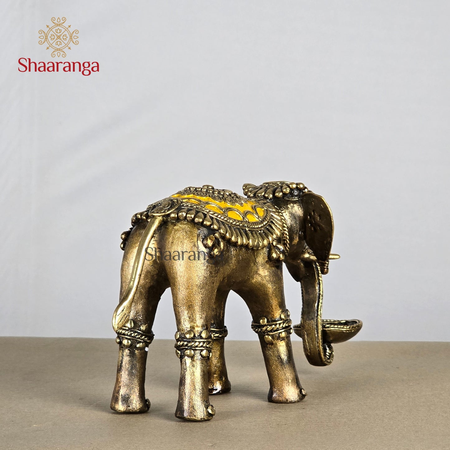 6 Inches Brass Bastar Art Elephant Diya Yellow & Red Color