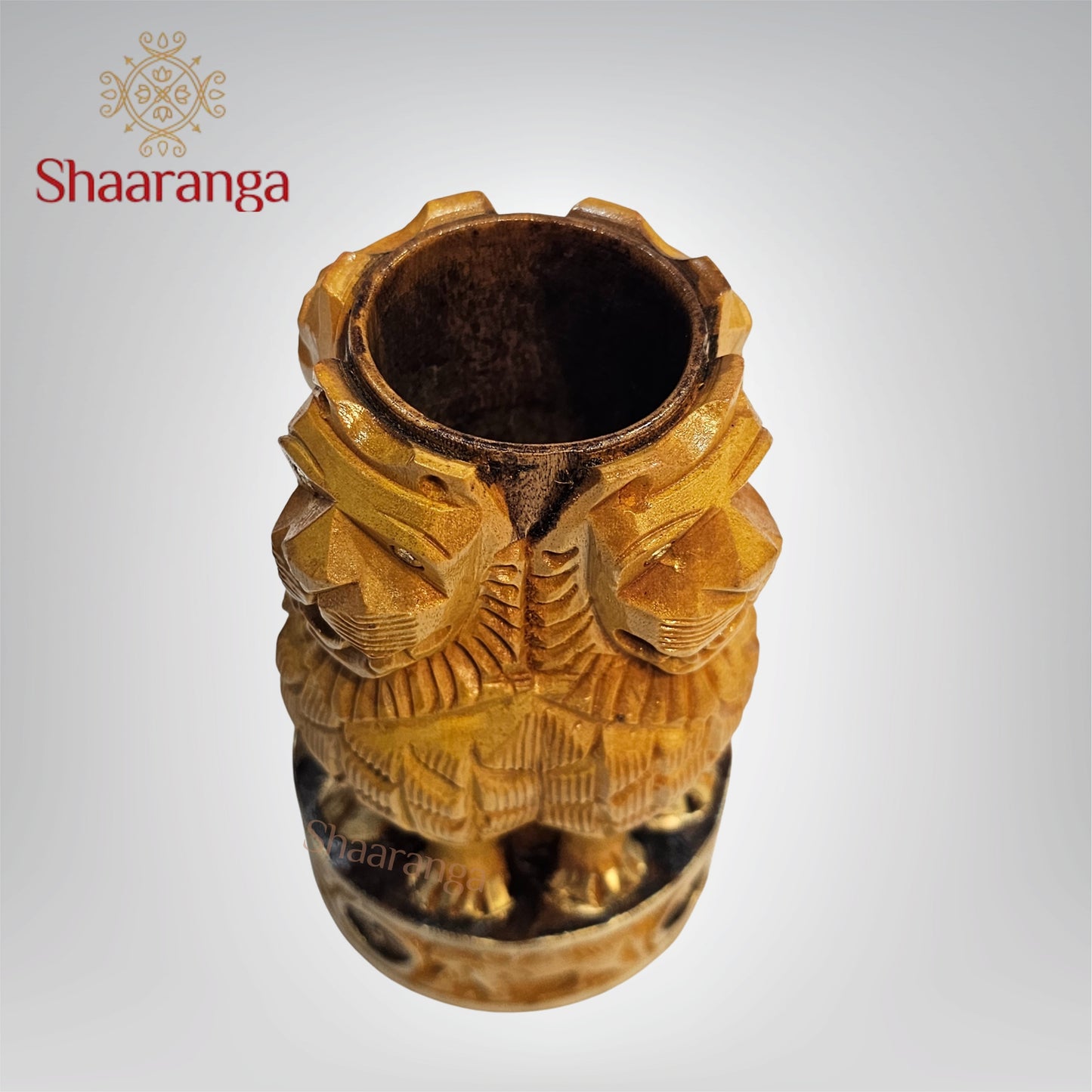 5 Inches Wooden Ashoka Pillar Design Pen Stand