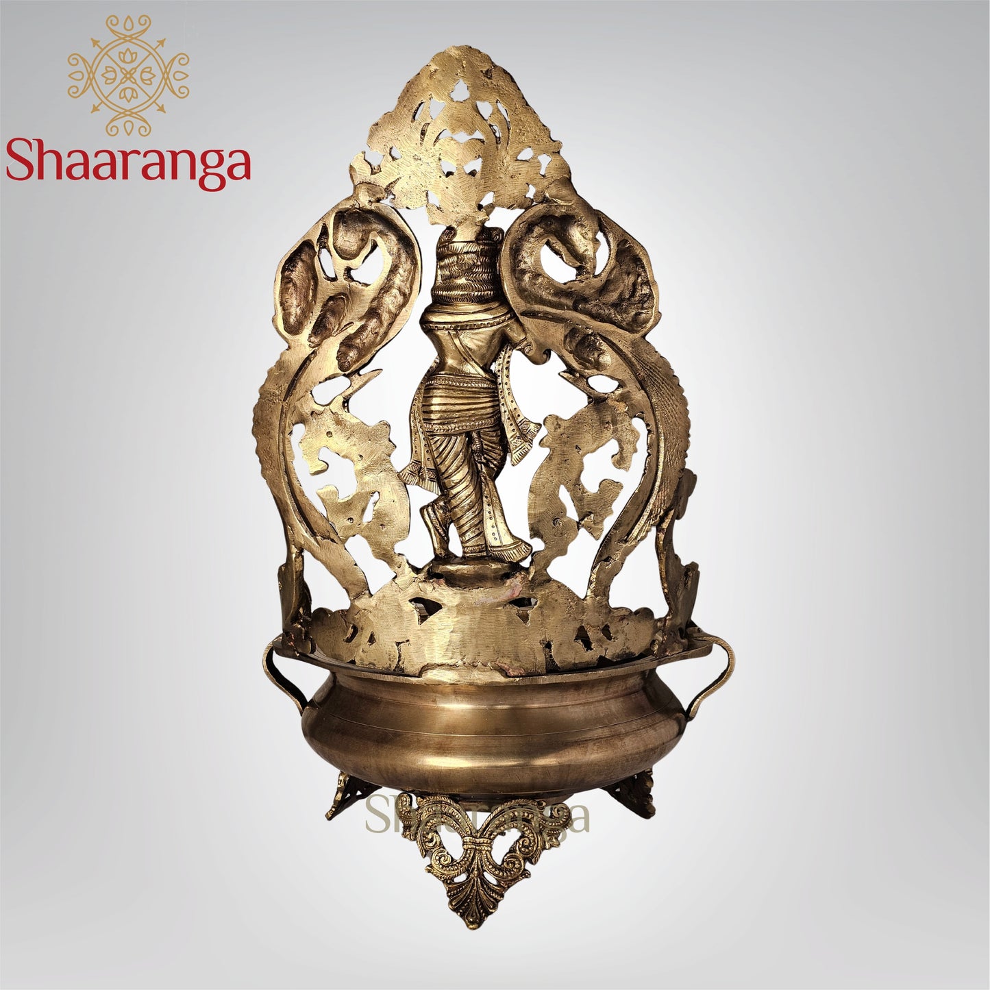 18 Inches Bronze Krishna Urli with intricate Peacock design