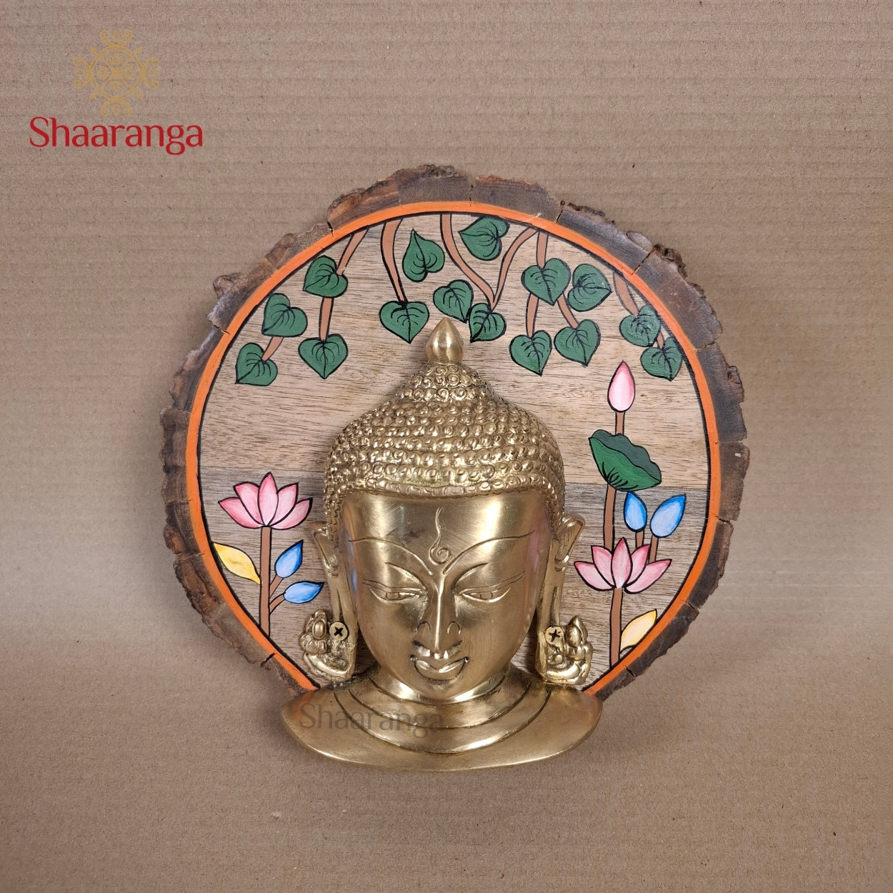 9 Inches Brass Budha With Round Wooden Frame
