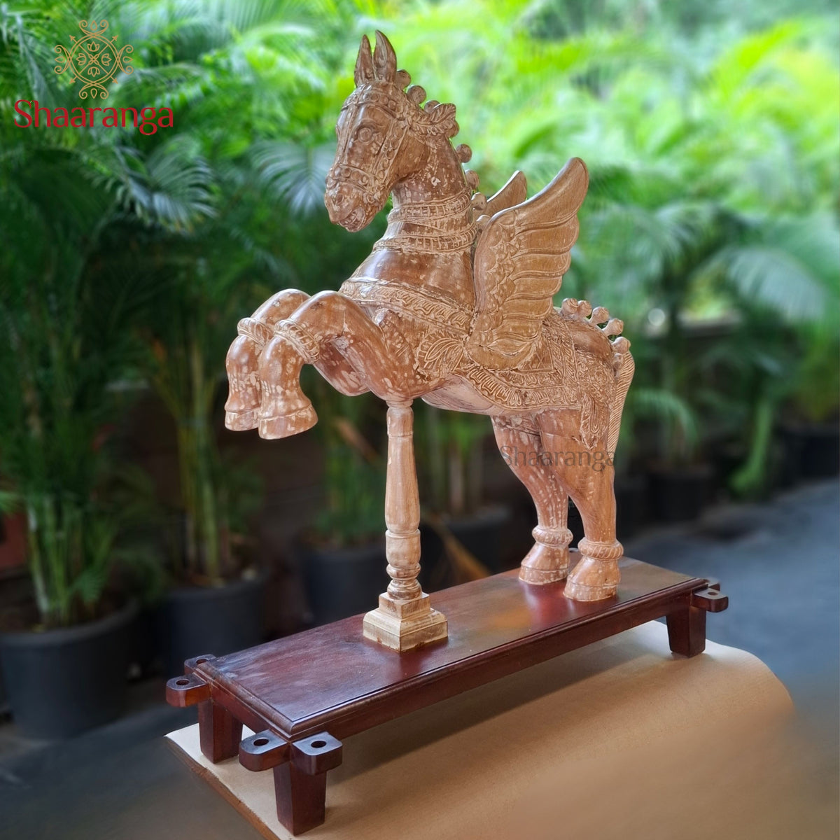 42-Inch South Indian Temple-Inspired Wooden Winged Horse