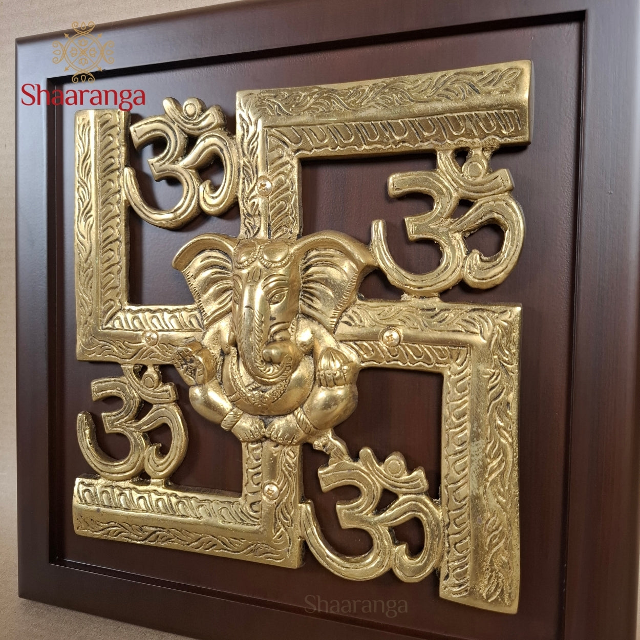 12 Inches Brass Swastik With Wooden Frame