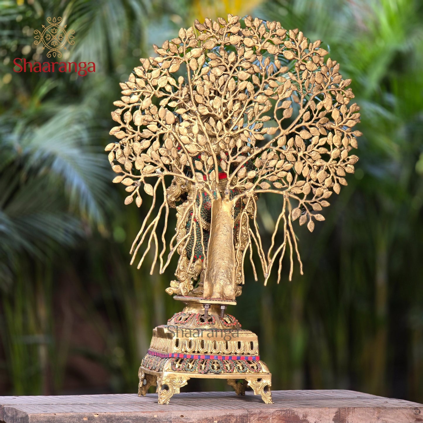35 Inches Majestic Brass Murali Krishna sculpture with Tree & Stone Work