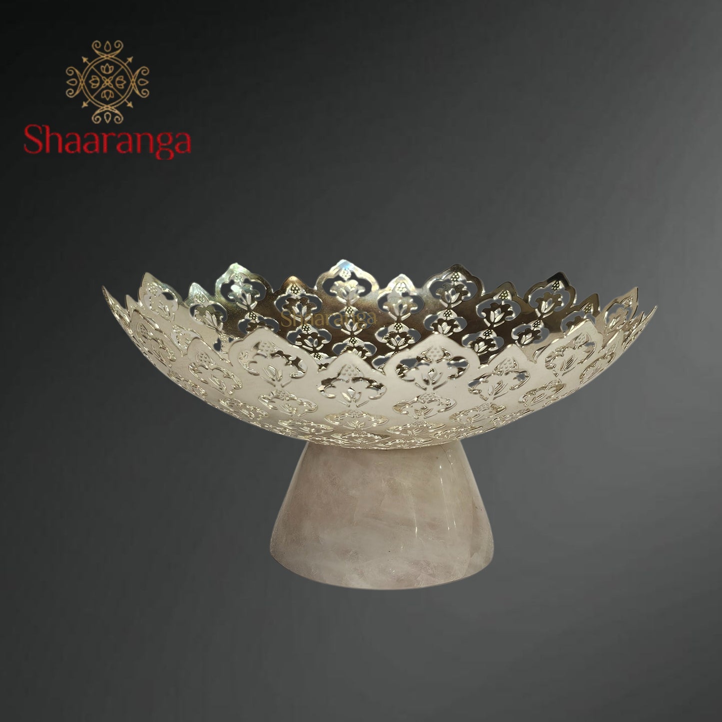 7 × 7 Inches Brass Jali Platter on Rose Quartz Base