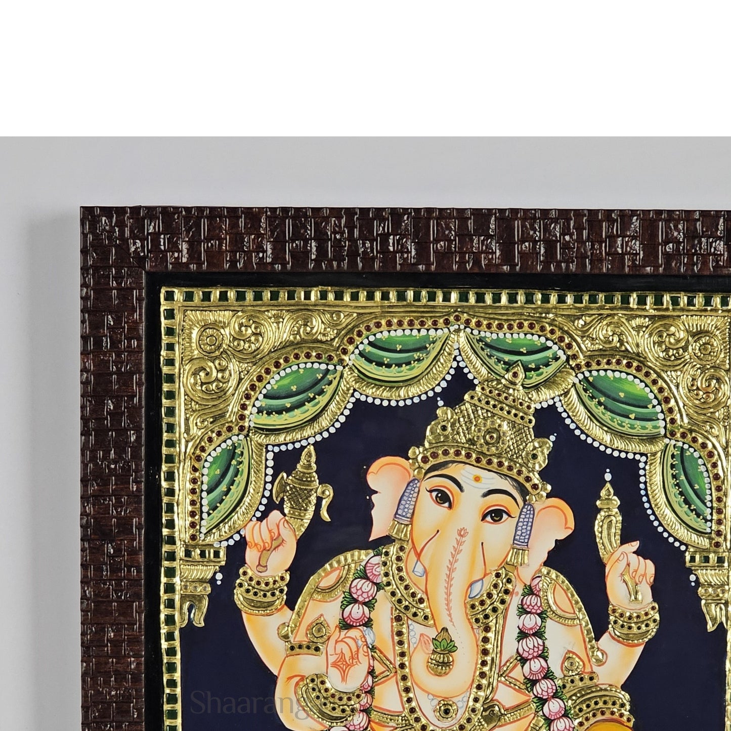 15x13 Inches Ganesha Tanjore Painting with 22K Gold Work.