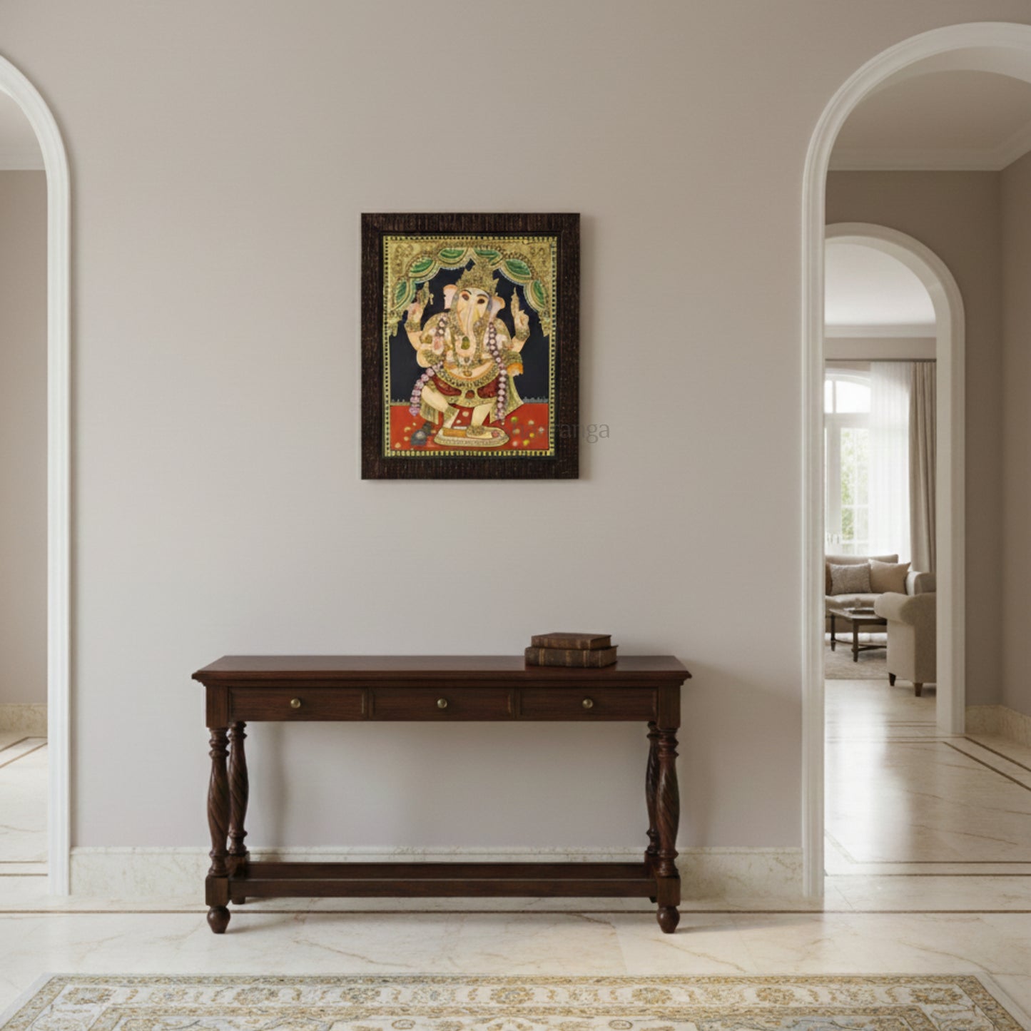 15x13 Inches Ganesha Tanjore Painting with 22K Gold Work.