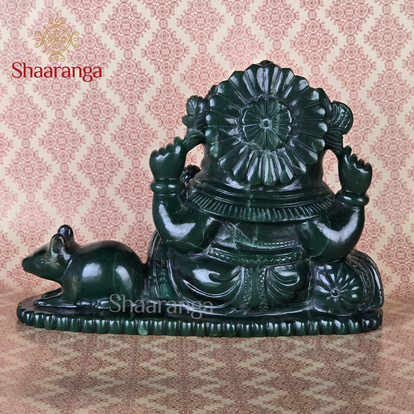 6 Inches Semi Precious Stone Green Ganesha on Rat