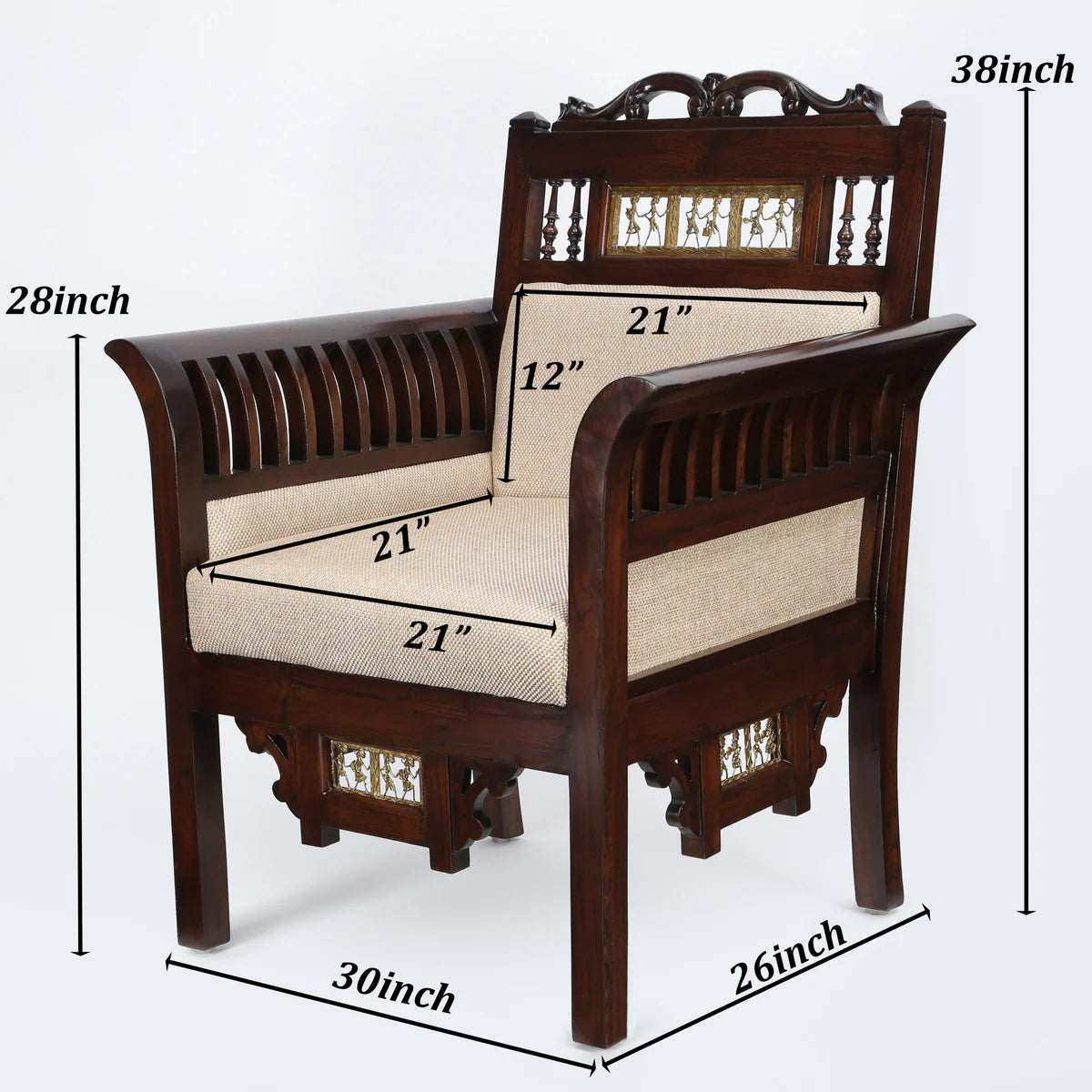 Maharaja Single Seater Sofa in Teakwood with Walnut Finish adorned with Dhokra Brass Frames (30x26x38)