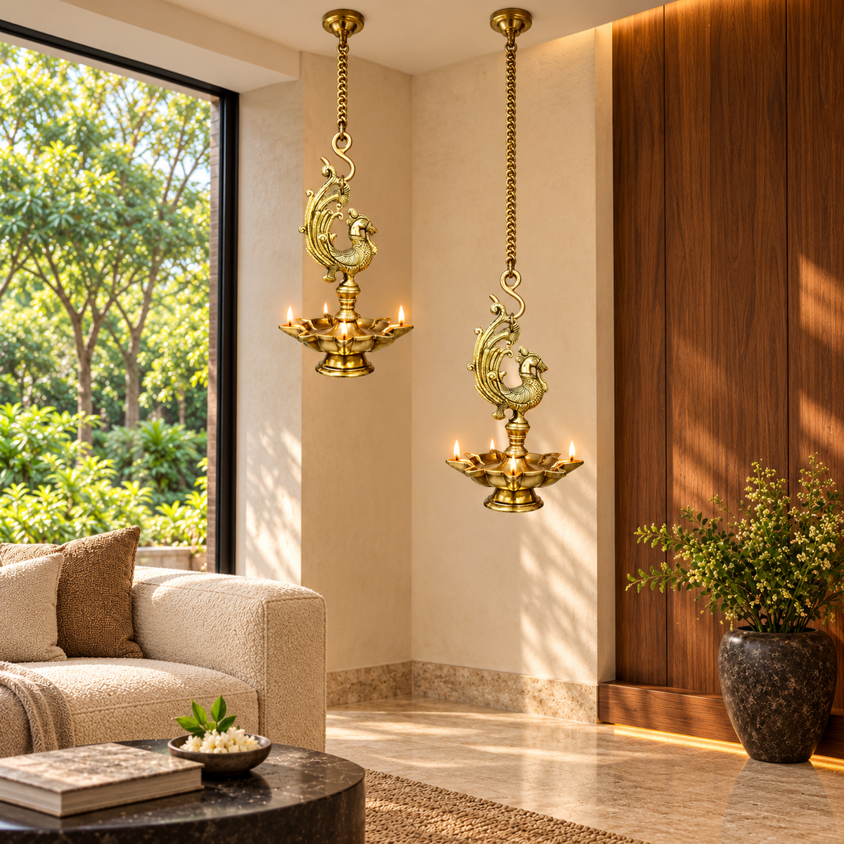 Brass 11 Inches Annam Multi-Diya Hanging Lamp — A Glowing Expression of Indian Heritage