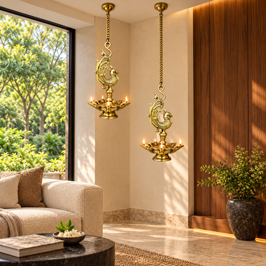 Brass 11 Inches Annam Multi-Diya Hanging Lamp — A Glowing Expression of Indian Heritage