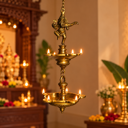 14 Inches Brass Ganesha Hanging Lamp - Double-tier lamp