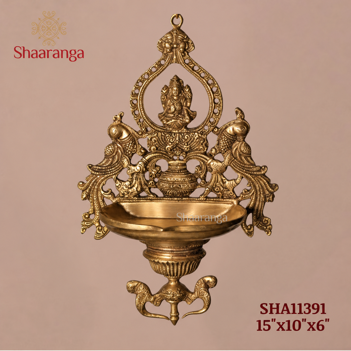 Brass 14 Inches Lakshmi Devi Hanging Lamp with Peacocks & Kalash design
