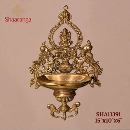 Brass 14 Inches Lakshmi Devi Hanging Lamp with Peacocks & Kalash design