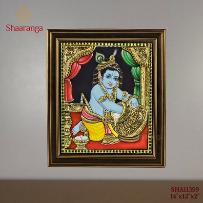 14x12 Inches Butter Krishna Tanjore Painting with 22K Gold work