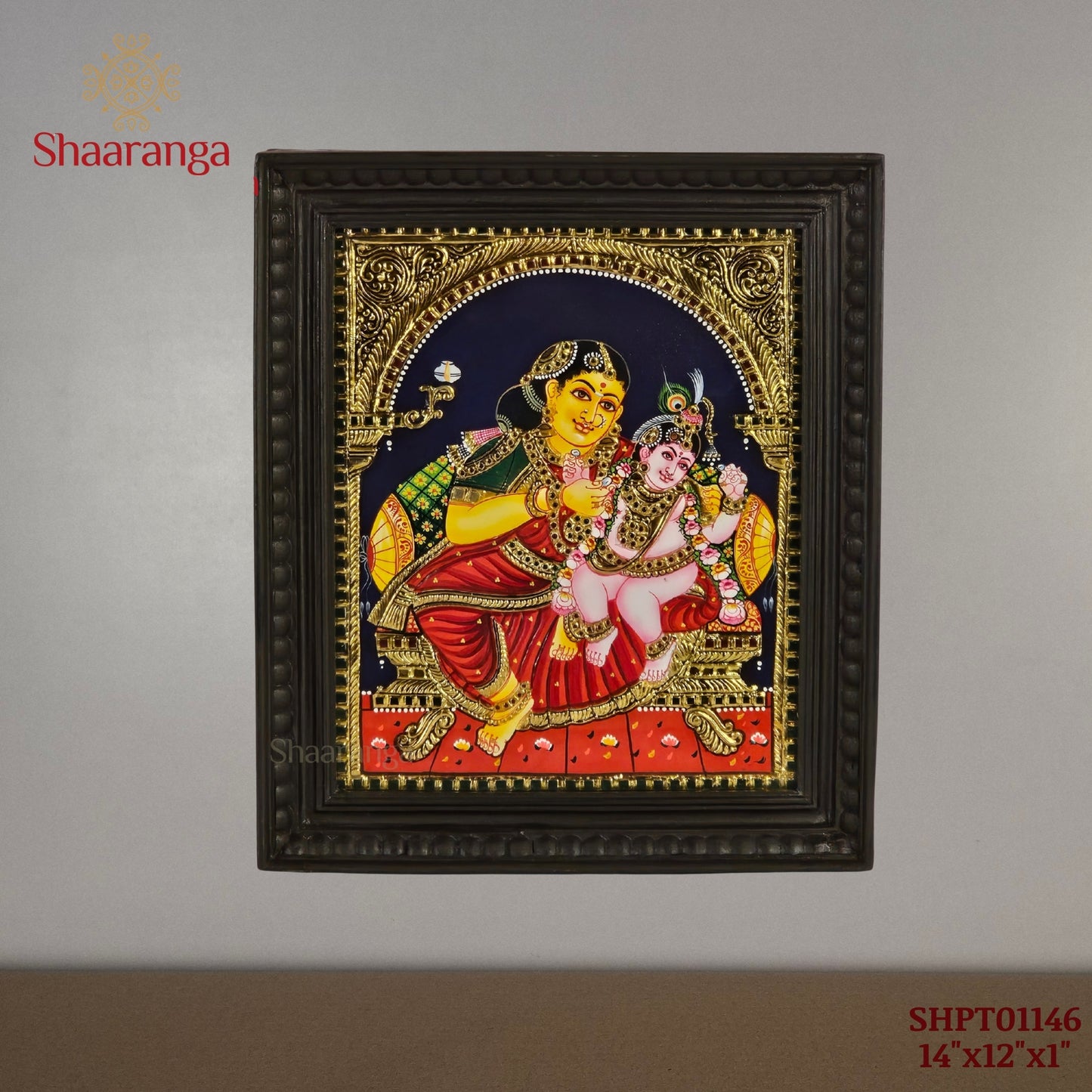 14x12 Inches Yashoda Krishna Tanjore Painting with 22K Gold Work