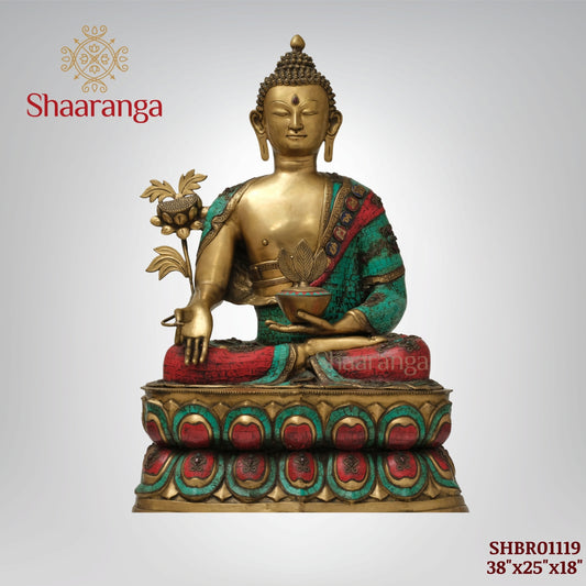 38 Inches Brass Buddha with Exclusive Stone Work