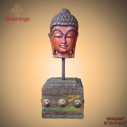 15 Inches Decorative Buddha Head Sculpture with Period-Inspired Base