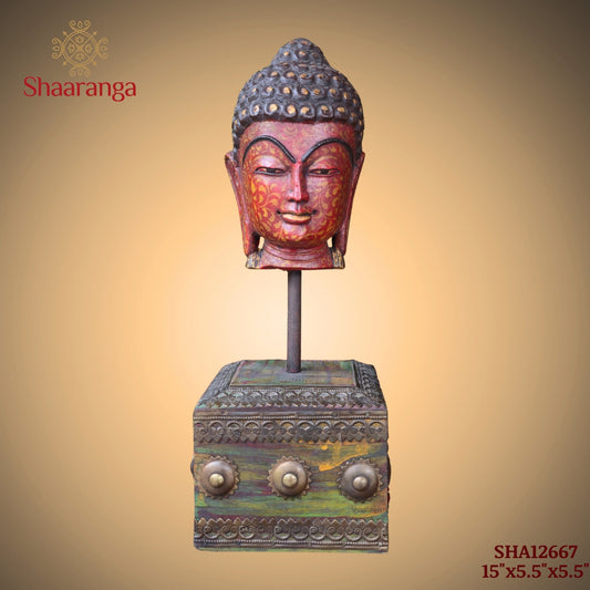 15 Inches Decorative Buddha Head Sculpture with Period-Inspired Base