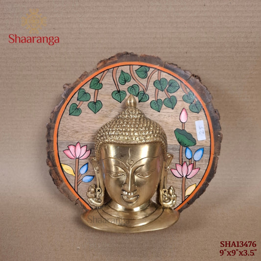 9 Inches Brass Budha With Round Wooden Frame