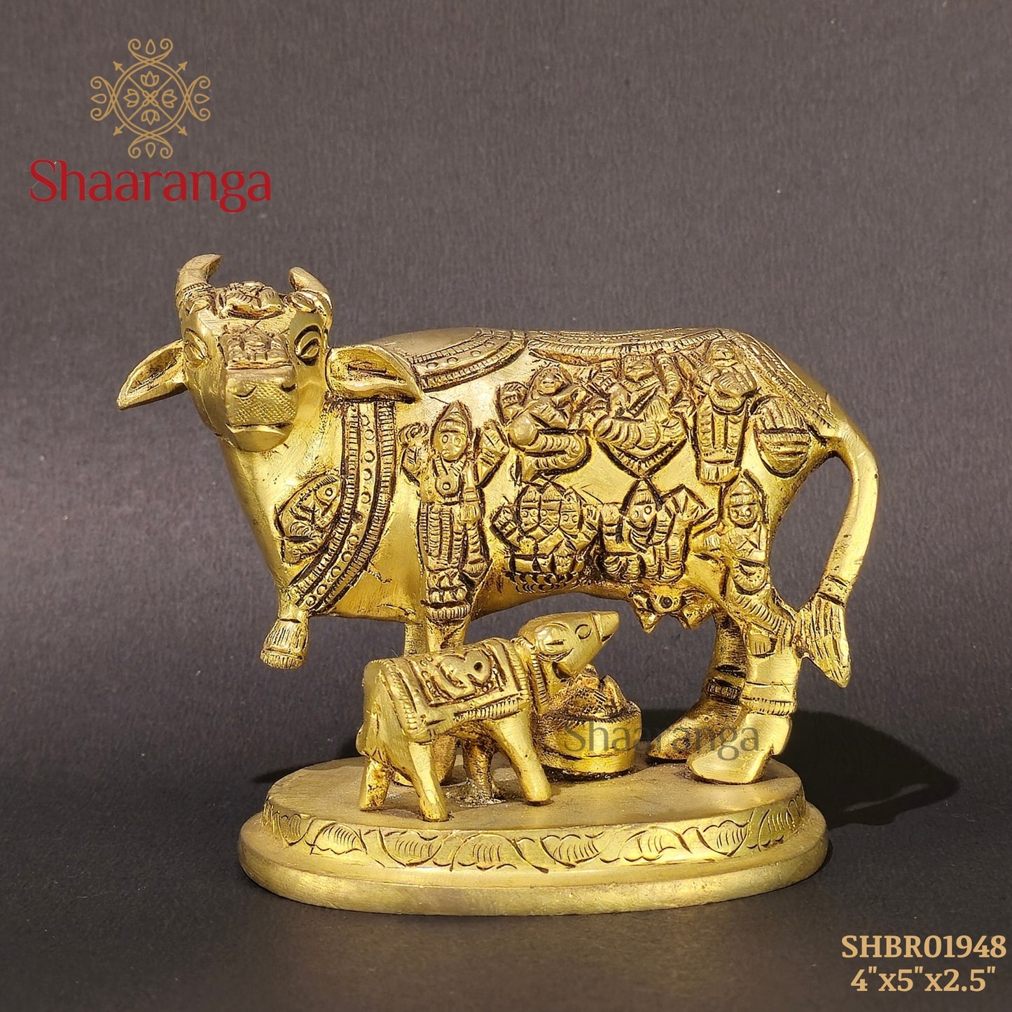 4 Inches Brass Cow & Calf with Divine Depictions