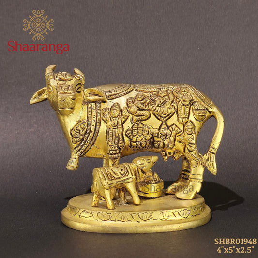 4 Inches Brass Cow & Calf with Divine Depictions