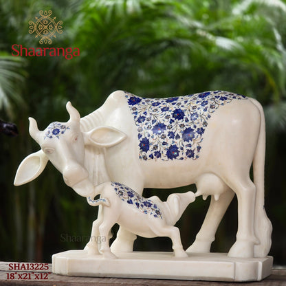 18 Inches Marble Cow & Calf with special inlay work