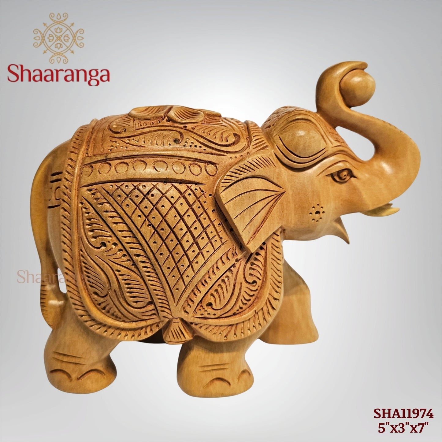 5.5 Inches Wooden Elephant with Carving – A Compact Expression of Traditional Art