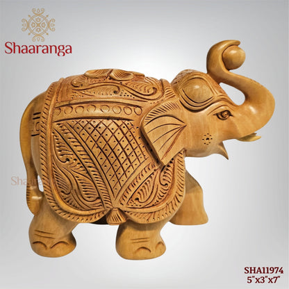 5.5 Inches Wooden Elephant with Carving – A Compact Expression of Traditional Art