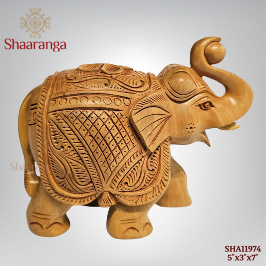 5.5 Inches Wooden Elephant with Carving – A Compact Expression of Traditional Art