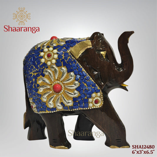 6 Inches Wooden Elephant embellished with beads