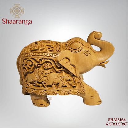 4.5 Inches Wooden Elephant with Shikar Carving – A Compact Expression of Tribal Art