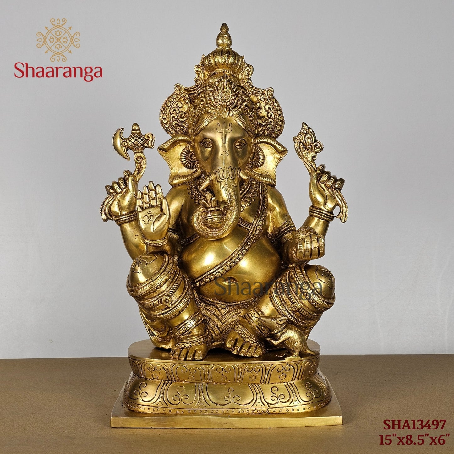 15 Inches Brass Ganesha with Crown -  Right Trunk