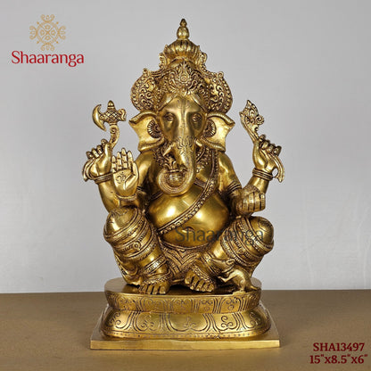 15 Inches Brass Ganesha with Crown -  Right Trunk