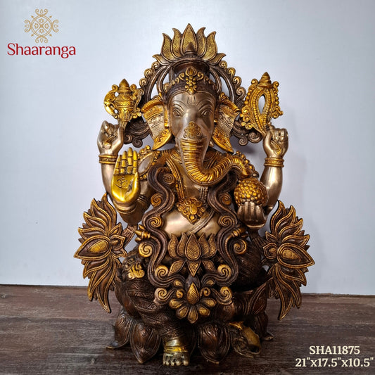21 Inches Brass Three Tone Ganesha Lotus