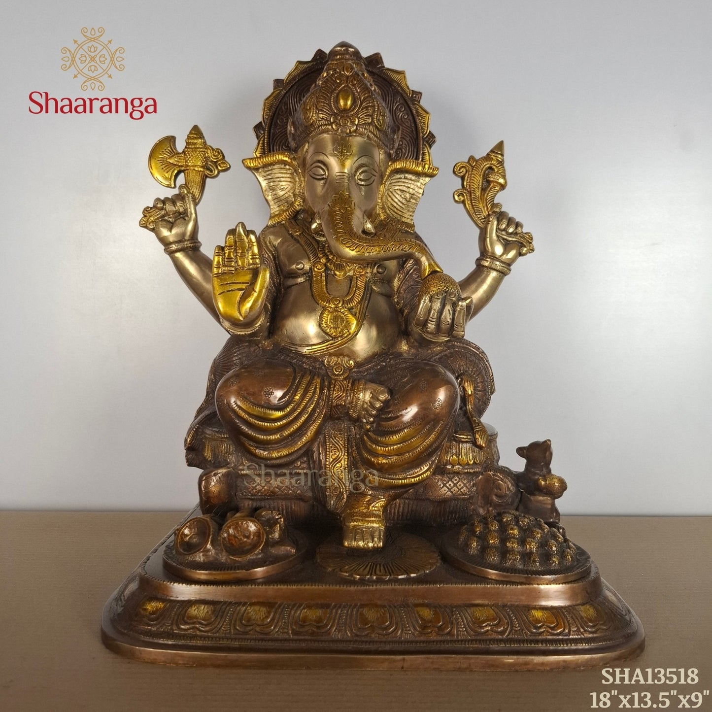 18 Inches Majestic Three-Tone Brass Ganesha with Sacred Offerings