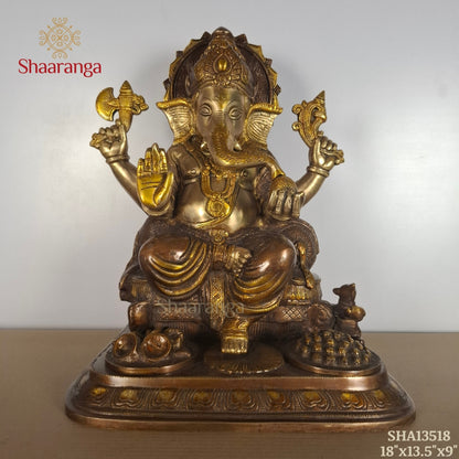 18 Inches Majestic Three-Tone Brass Ganesha with Sacred Offerings