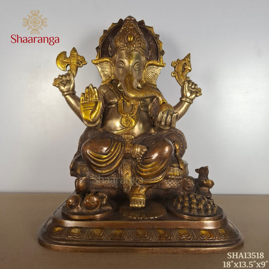 18 Inches Majestic Three-Tone Brass Ganesha with Sacred Offerings