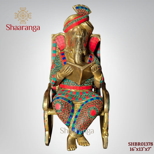16 Inches Brass Rocking Chair Ganesha Idol with Stone work.