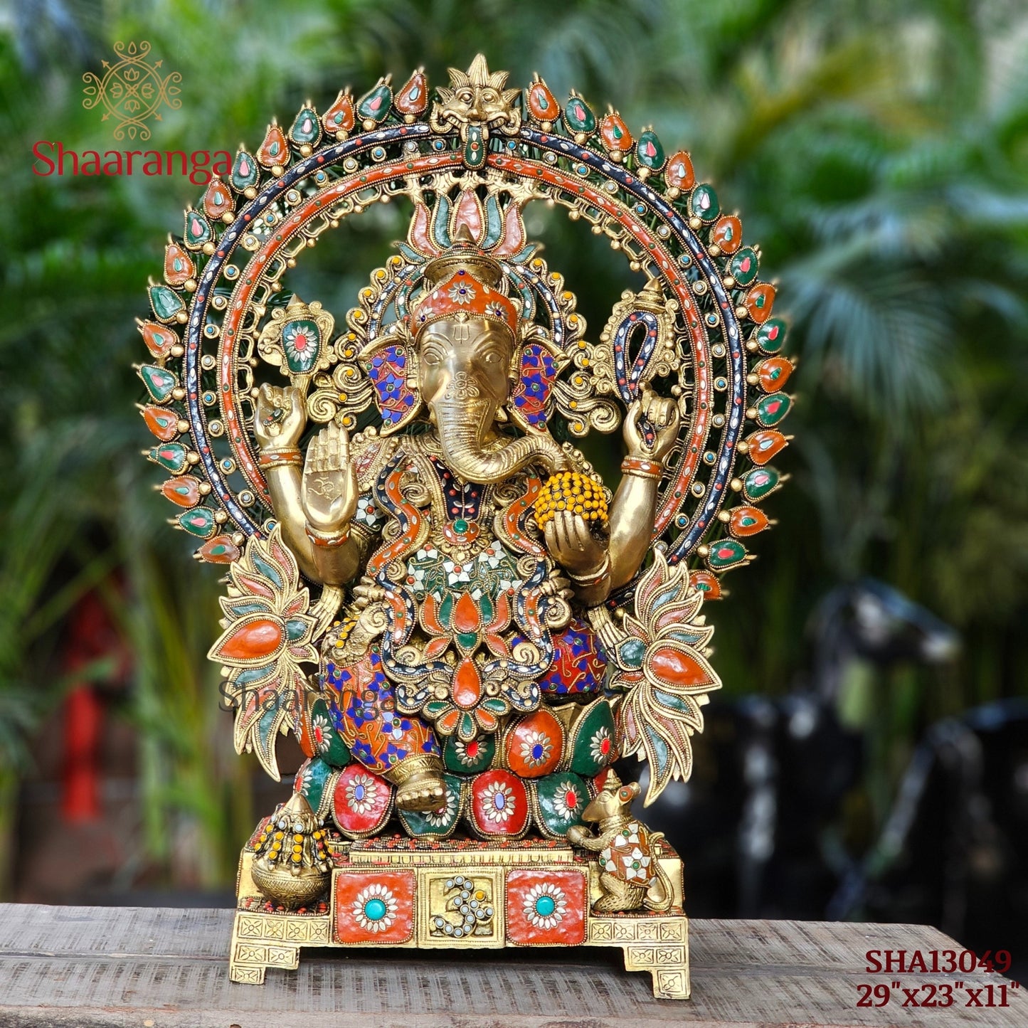 29 Inches Brass Ganesha Idol with Arch with Stone work.