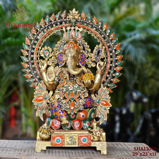 29 Inches Brass Ganesha Idol with Arch with Stone work.