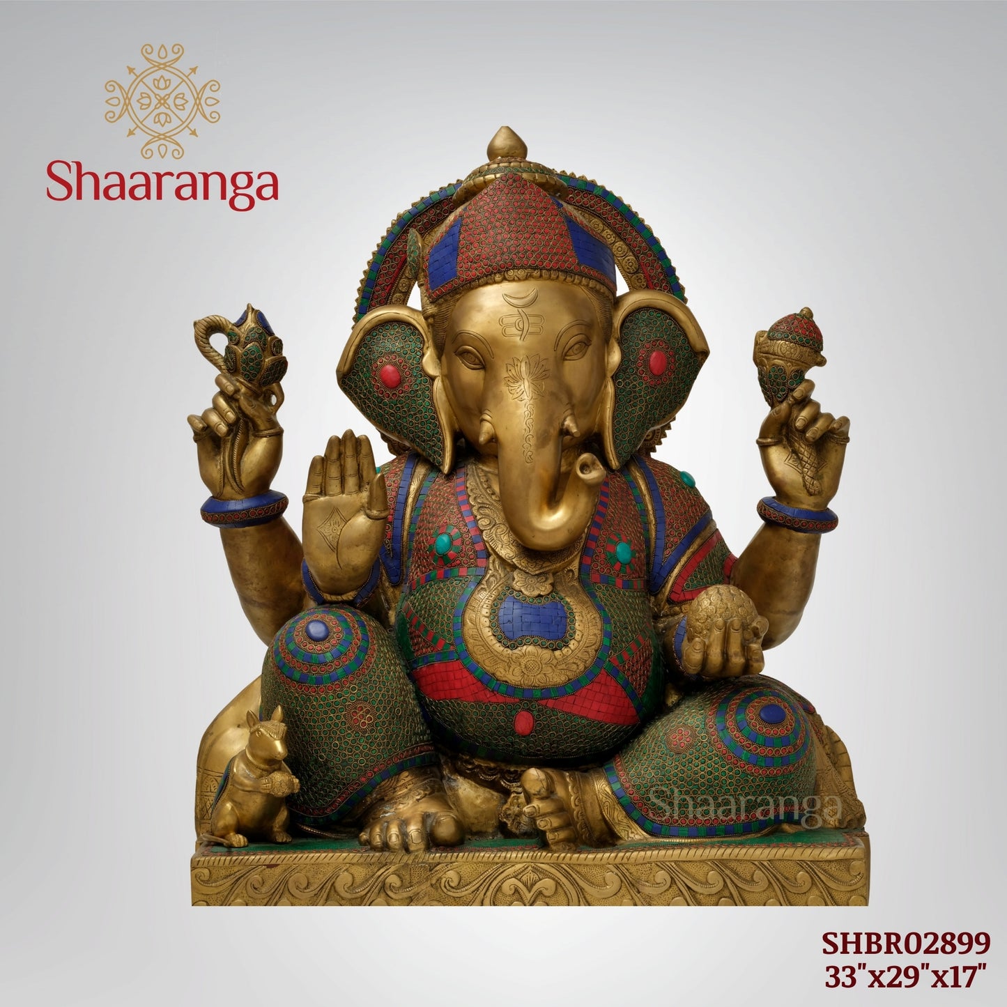 33 inches Abhaya Hasta Chaturbhuja Ganesha | Monumental Brass-Embellished Sculpture