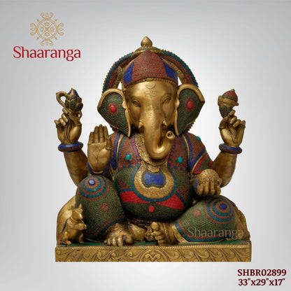 33 inches Abhaya Hasta Chaturbhuja Ganesha | Monumental Brass-Embellished Sculpture
